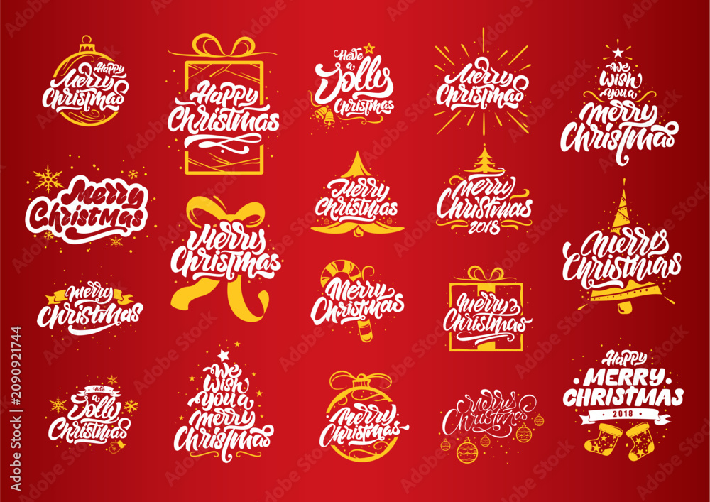 Fototapeta premium Merry Christmas lettering designs. Christmas tree yellow illustrations.Happy New Year typography. Lettering logos for postcard, poster, gift and T-shirt