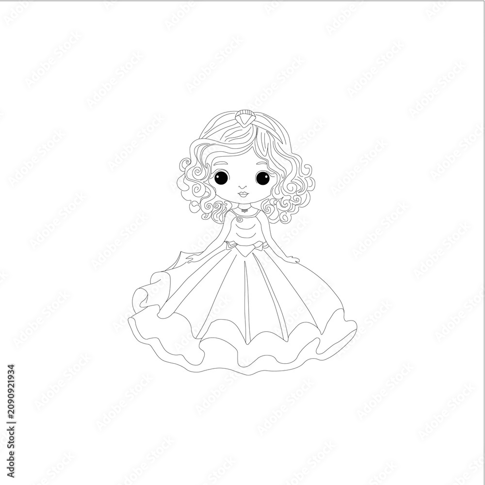 Fototapeta premium Charming princess illustration with curly hair and flowing gown on a white background