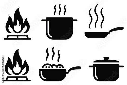 Φωτογραφία six black icons of cooking pots and pans on gas stoves with rising steam, modern kitchen symbol collection, food preparation graphics, culinary equipment set, clean vector icons for cooking designs