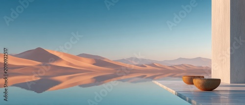 Desert Oasis with Reflecting Pool and Minimalist Architecture.