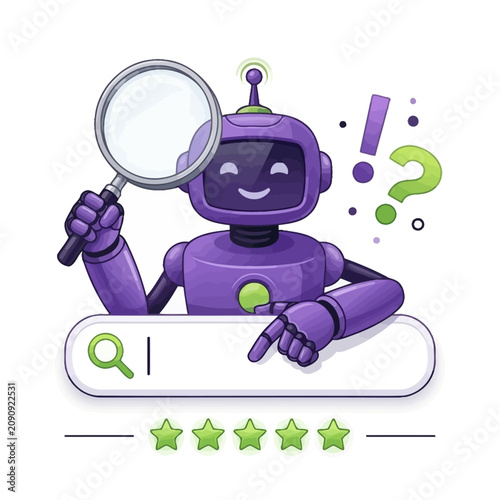 A purple robot character holds a magnifying glass and searches on a browser with a satisfied expression and rating stars below it.