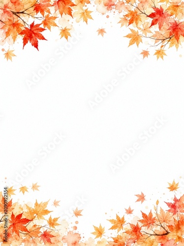 白い背景にもみじと紅葉をあしらった秋のフレーム背景