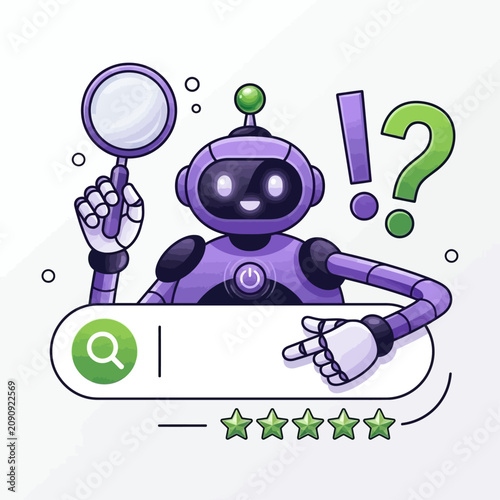 A cartoon robot searches with a magnifying glass and question marks.