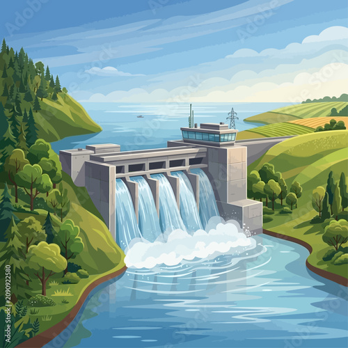 Hydroelectric dam on a serene river with lush green hills and trees surrounding it