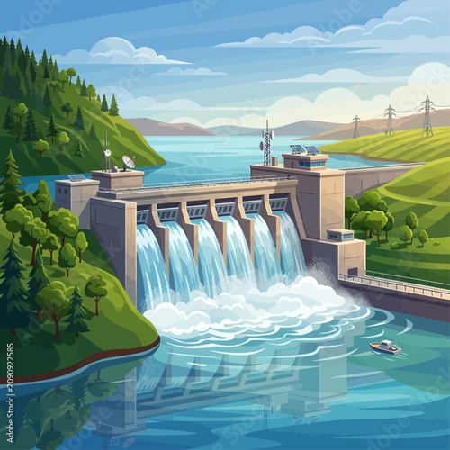 Dam structure releases water into serene lake surrounded by lush greenery and hills
