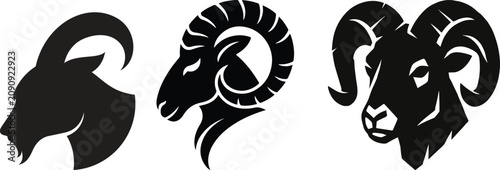 Photos stylized goat head with curved horns icon set, silhouettes vector farm animal ic