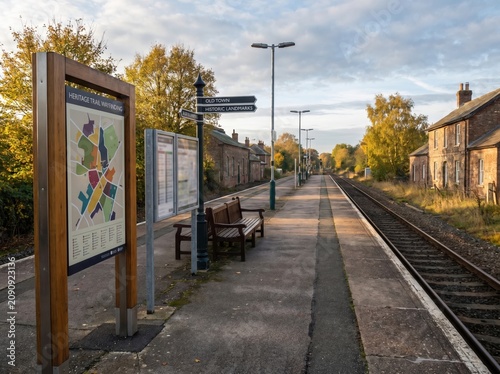 Train platform with heritage trail signage and visitor maps at regional station