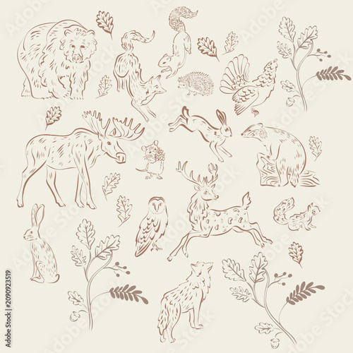 Line art set of 14 animals in a retro toile de Jouy style. Autumn forest, wildlife, and nature. Vector illustration. Hand-drawn isolated clipart doodle stickers.