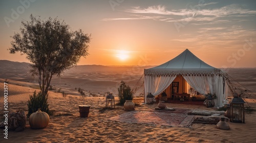 Desert Sunset Camp with Tent and Tree.