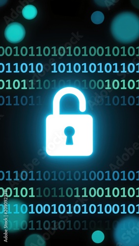 Glowing unlocked padlock icon on blue binary code digital background