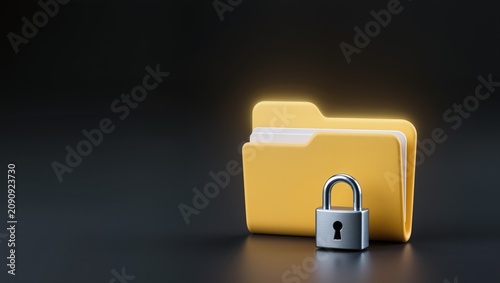 Secure yellow folder icon with chrome padlock on black background