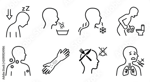 Foto Medical symptoms icons with clean lines and simple design against a white backgr