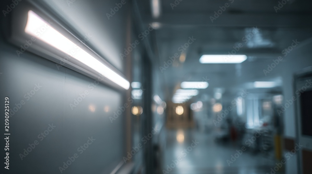 Obraz premium Medium shot of LED panel installation in an older clinic corridor showcasing energyefficient lighting and blurred background for depth of field contrast.