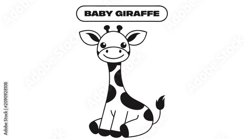 Very beautiful black and white vector illustration of a cute baby giraffe featuring a bold label reading 