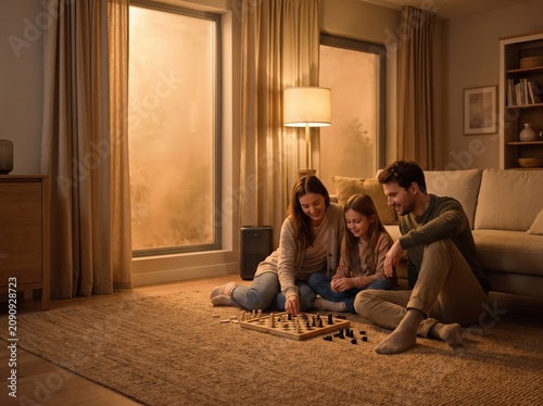 Board game family time in living room with orange smoke beyond sealed window