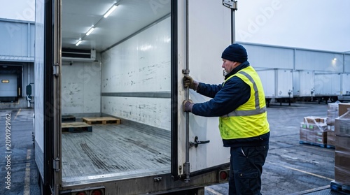 Refrigerated trailer doors closing at empty wholesale distribution dock