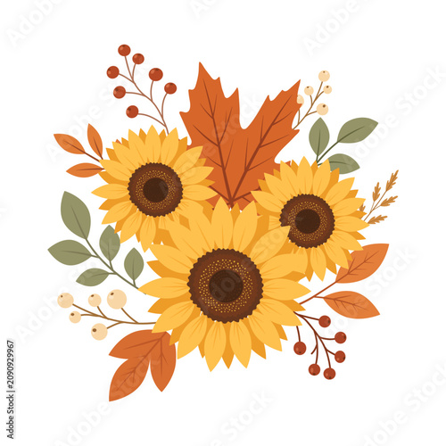 Autumn sunflower bouquet with maple leaf and berry branches
