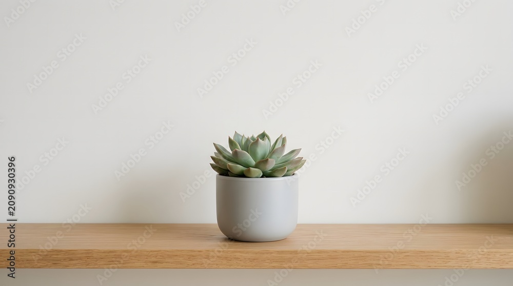 Fototapeta premium Potted succulent plant on wooden table in minimalist bright interior
