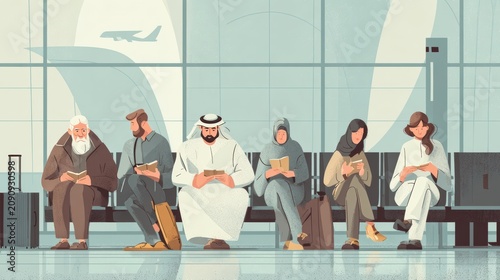 Diverse group of people from different cultures reading books while waiting at an airport terminal, with an airplane visible through the window.