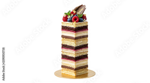 Fotografie Tall layered dessert cake with berries and chocolate cream on golden plate trans
