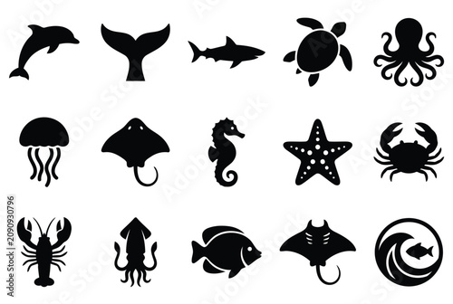 Photography Set of marine life icons, sea animals silhouettes, collection of underwater crea