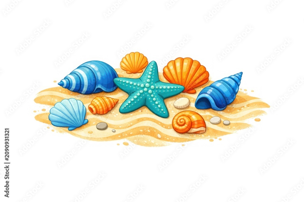Fototapeta premium Colorful seashells on sandy beach.
