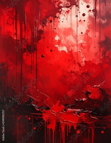 A visceral, abstract composition with dynamic red hues, evoking passion and intensity. Splatters and drips intermingle