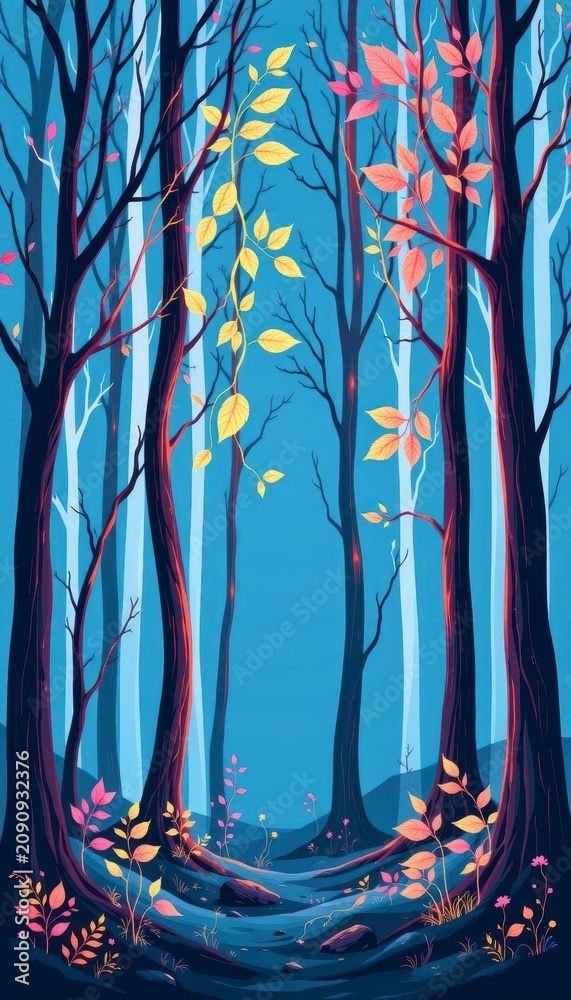 Fototapeta premium Illustrative forest foliage casting fine linear pattern neon shadows are showcased against a clean simple sapphire blue background
