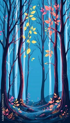 Illustrative forest foliage casting fine linear pattern neon shadows are showcased against a clean simple sapphire blue background