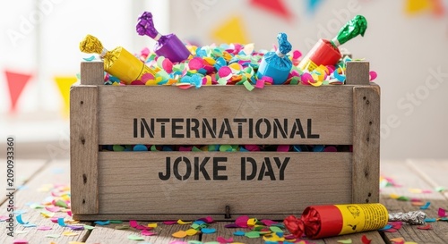 International Joke Day text design with colorful doodle background