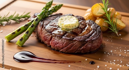 A thick juicy ribeye steak topped with herb butter served alongside grilled asparagus and roasted potatoes on a board