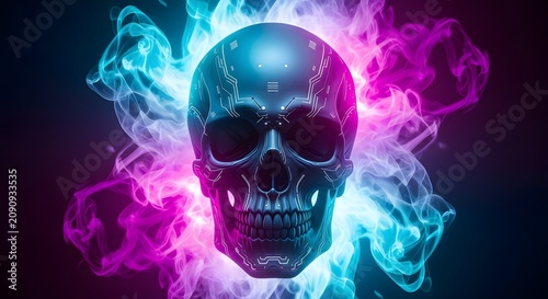 Futuristic metallic skull featuring intricate glowing circuit board patterns with vibrant neon blue and purple light effects and shadows