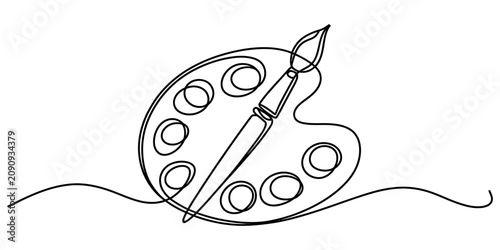 Continuous single line drawing of an artist paint palette and a paintbrush