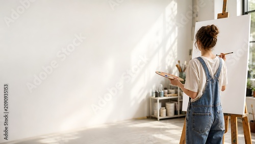 Rear view of an anonymous teenage girl painting on a large blank canvas in a bright sunlit art studio, conveying creative freedom, passion for fine arts, and youth hobby cultivation