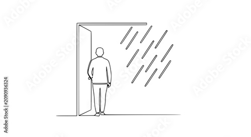 Photos Man standing at open doorway, hesitating to step into heavy rain, concept of dec