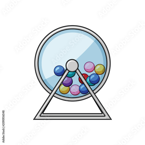 Lottery machine featuring a clear drum filled with colorful spheres, suggesting anticipation and random selection in an exciting game of luck and chance