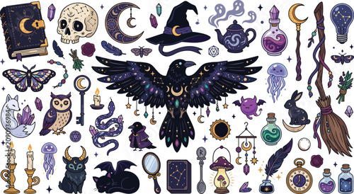 A collection of mystical witchy elements including a raven skull moon crystals potions and magical items on a white background design