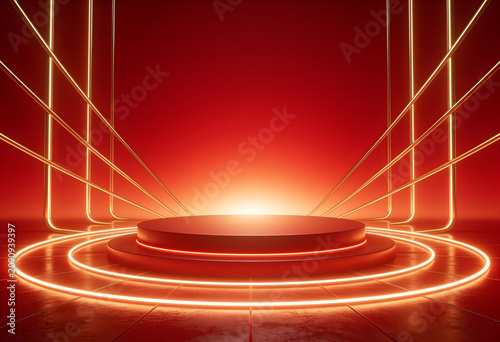 Glowing gold lines radiate from a central stage.