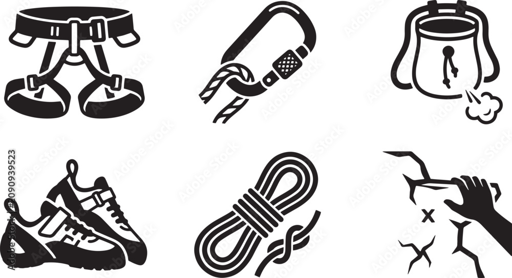Fototapeta premium Rock climbing equipment icons set, professional mountaineering gear vector illustrations, bouldering and alpinism tools collection isolated on Transparent Background