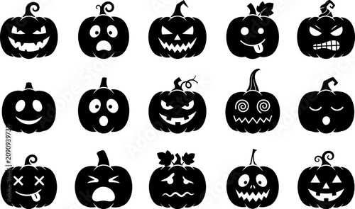 Canvastavla Black Halloween Pumpkin Face Character Collection Jack O Lantern Silhouette Vect