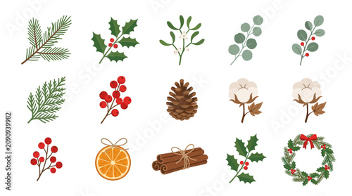 Christmas decorations with leaves and berries on white background illustration