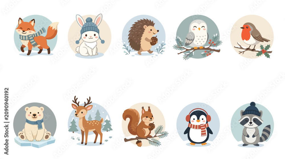Obraz premium Winter forest animals illustrated in cartoon style with snow and trees in background circles