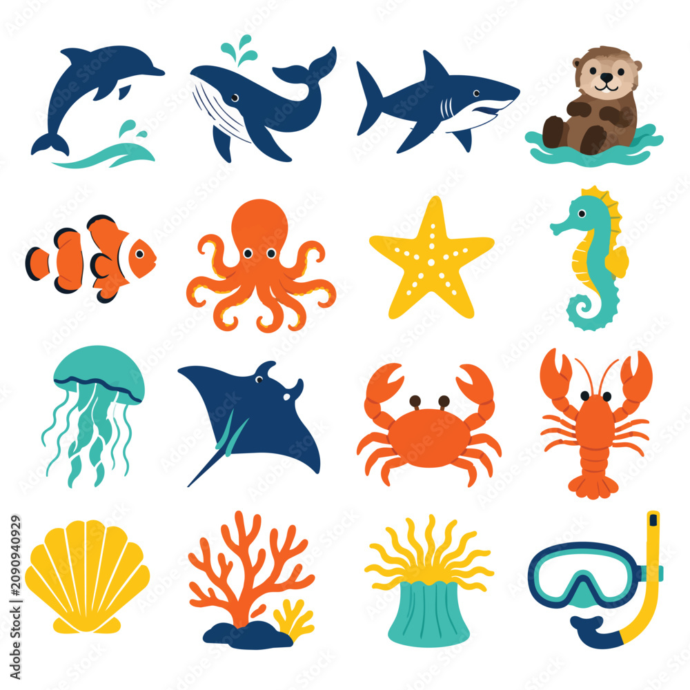 Obraz premium Ocean Marine Life Creatures Flat Icons