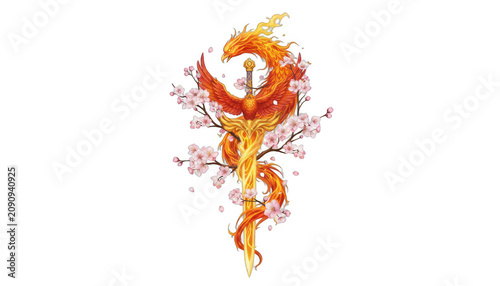 Naklejka Fiery Phoenix Sword Surrounded by Cherry Blossoms