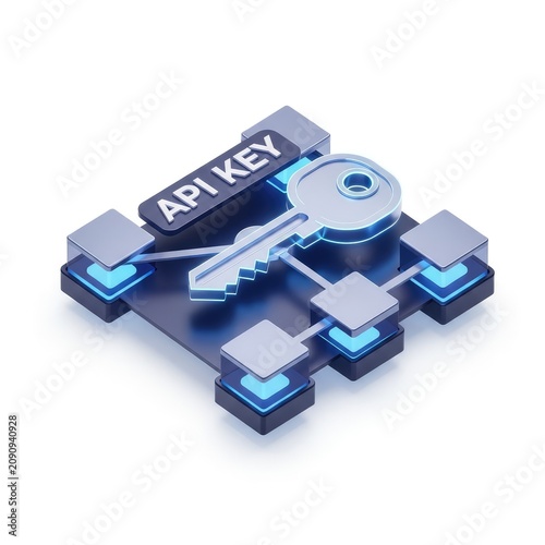Isometric Api Key Illustration With Puzzle Pieces and Metallic Key on Dark Background