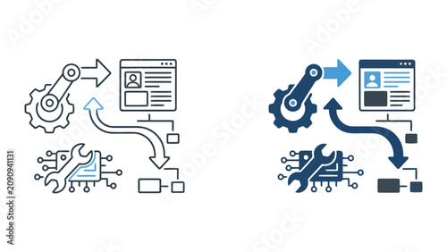 Technical repair and maintenance workflow diagram with robotic arm and gear icons illustrating automated system optimization and software debugging process for complex industrial control hardware
