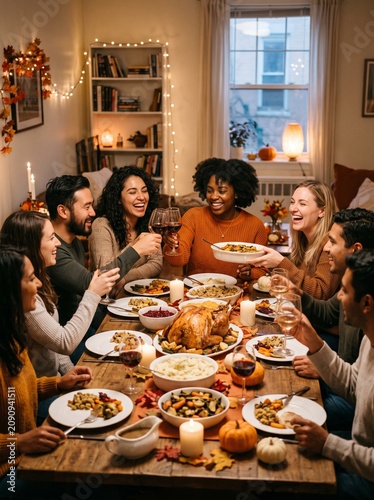 Friends Sharing Thanksgiving Feast With Bread and Candlelight