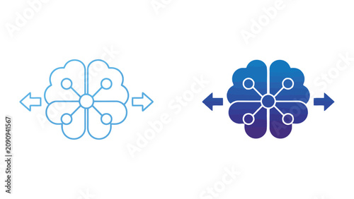 Brain icon with left and right arrows symbolizing bidirectional data exchange information flow and cognitive processing