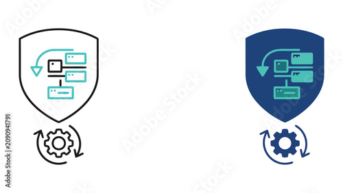 Data flow management inside shield icon with rotating gear symbol for system optimization and security maintenance concept in flat vector design with outline and solid blue styles for technical use