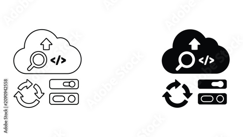 Web development and cloud deployment icon set featuring code brackets and search magnifying glass for software optimization and server configuration concepts vector illustration design